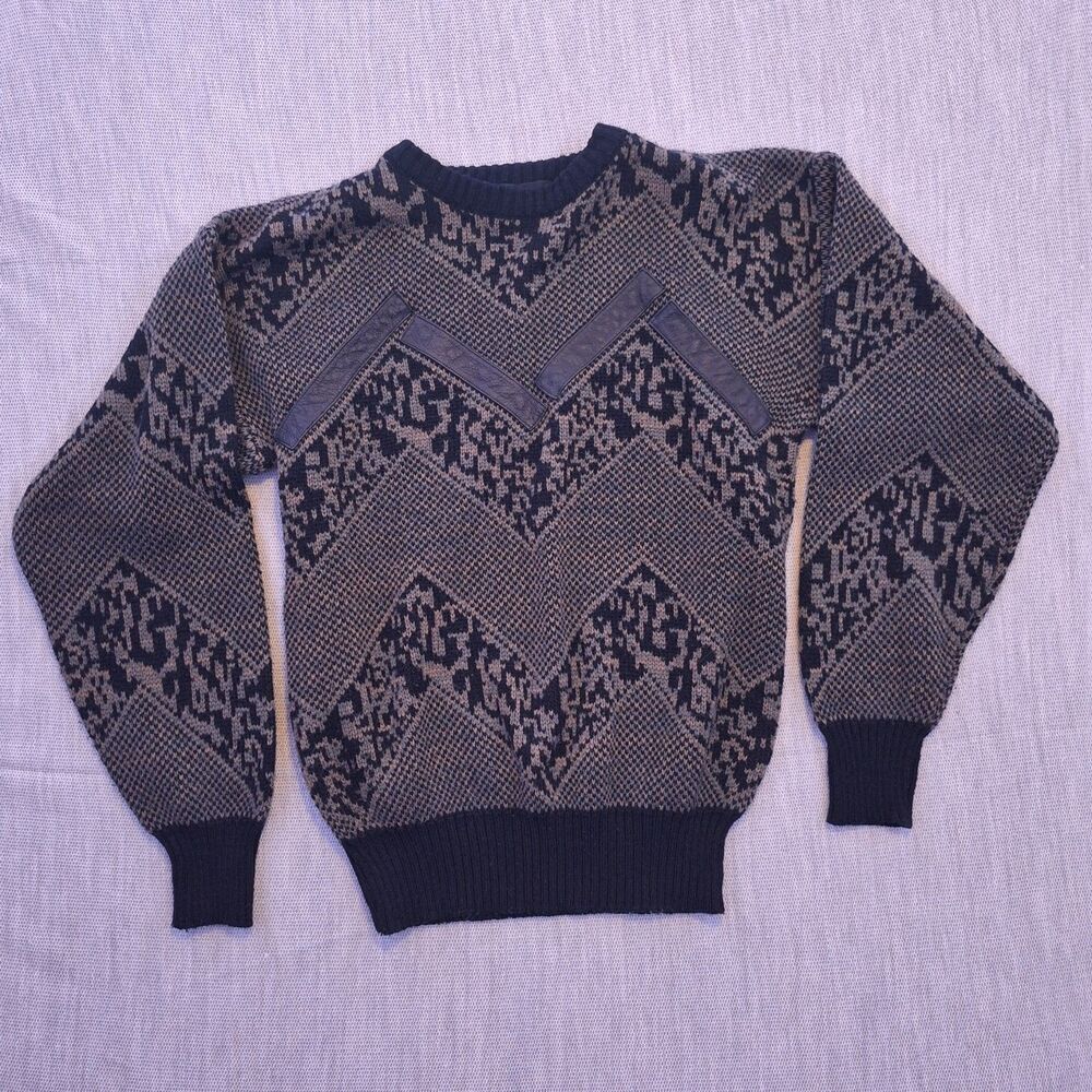 VINTAGE 80s 90s RAF GEOMETRIC Sweater Leather Patches Cosby Grandpa Hip Hop